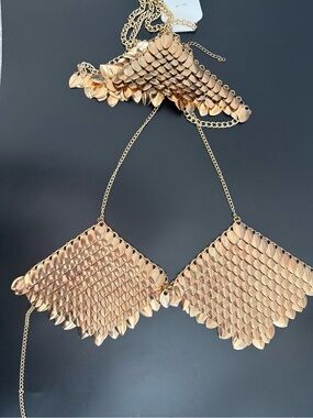 Gold Metallic Scale Chainmail Bralette Top and Headpiece